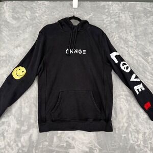 CHNGE Black Peace Love Drawstring Hoodie Embroidered Organic Cotton Size Medium